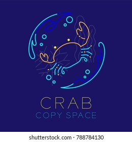 Crab, Water splash, Coral, Seaweed and Air bubble icon outline stroke set dash line design illustration isolated on dark blue background with Crab text and copy space