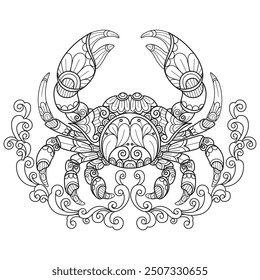 Crab and waves hand drawn for adult coloring book