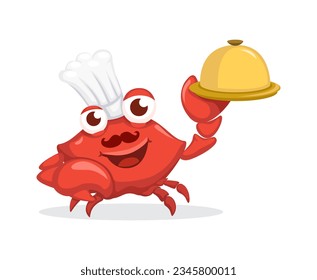 Crab Wear Chef Hat Hold Food Tray. Seafood Restaurant Mascot Symbol Cartoon illustration Vector