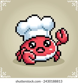 Crab wearing chef hat in 8 bit pixel art. Animals in vector illustration for retro games