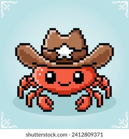 Crab wearing cowboy hat in 8 bit pixel art. Animals in vector illustration for retro games