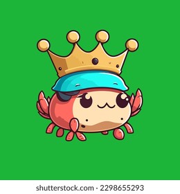 A crab wearing a crown, a cute mascot for an animal with two worlds, with a flat cartoon design. Suitable for book design, cards, presentations