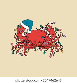 A crab wearing a Santa hat and holding Christmas lights