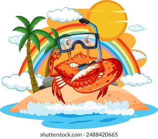 Crab wearing snorkel gear on a sunny island