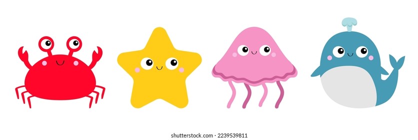 Crab Wale Quallyfish Starfish Spielzeugsymbol gesetzt Linie. Große Augen. Gelber Stern. Cute Cartoon kawaii lustige Babyfigur. Meerestiere-Sammlung. Kinder drucken. Flaches Design. Weißer Hintergrund, einzelne Vektorgrafik