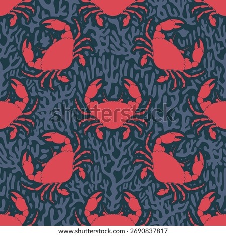 Crab Whimsical Seamless Pattern on dark Background with coral. Vintage coastal print with retro seafood illustration and ocean life. Perfect for marine designs, stylish packaging, seaside decor