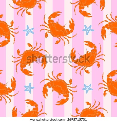Crab Whimsical Seamless Pattern with starfish on pink striped Background. Vintage coastal print with retro seafood illustration and ocean life. Perfect for marine baby prints, nursery decor