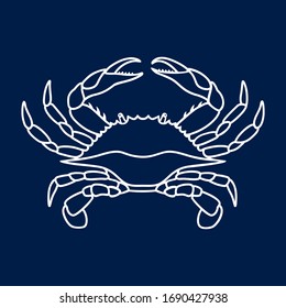 Crab In White Color. Blue Crab On Navy Blue Background. Vector Logo Design, Symbol Or Icon In Simple Flat Style. Linear Drawing Of A Crab. Vector Illustration.
