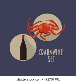 Crab and wine set. An open bottle of wine and red king crab. Both isolated on a light background. Great as Crab and Wine Festival icons, symbols or signs. Flat styled icons