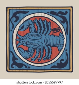 Crab zodiac medieval-style illustration. Dim colored square emblem perfect for T-shirts, retro manuscripts, and invitations.