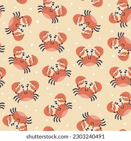 Crabs background. Cute sealife seamless pattern. Cartoon crabs and decorative dots isolated on light yellow background. Square format. Hand-drawn vector illustration.