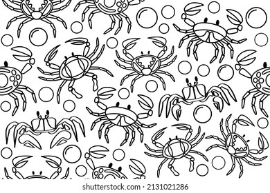 Crabs black and white seamless pattern. Crabs and air bubbles in a water with thin black lines. Outline crab vector seamless pattern