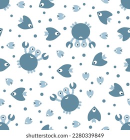 Crabs and Fish. Seamless background for children. Flat Vector illustration .
