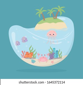 crabs fishes jellyfish starfish water shaped tank for fishes under sea cartoon vector illustration