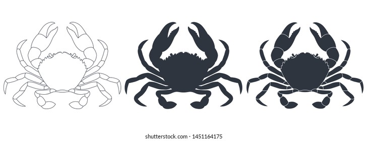 Crabs graphic icons set. Sea crabs contour silhouette and sign isolated on white background. Vector illustration