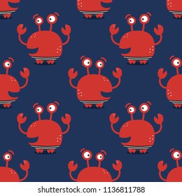 Crabs, hand drawn seamless pattern. Marine background vector. Colorful illustration, overlapping backdrop. Decorative cute wallpaper, good for printing