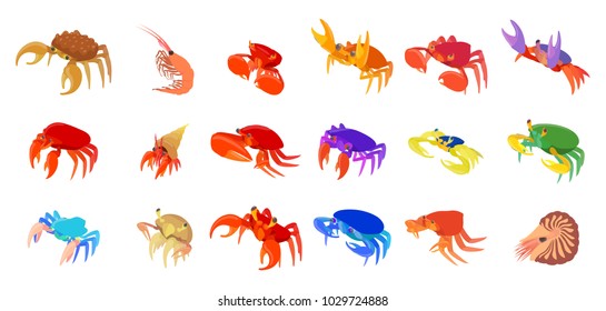 Crabs icon set. Cartoon set of crabs vector icons for web design isolated on white background