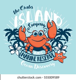 Crabs Island kids ocean discovery, vector artwork for children wear