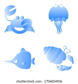 Crabs Jellyfish and Hermit Crabs. Cute Animal Icon Flat Design