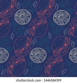 Crabs and lemons with spices on a blue background. Seamless pattern for printing on fabrics, paper. Vector.