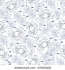 Crabs and lines. Seamless pattern. Geometrical abstraction. Sea life. Cloth shirt pattern.