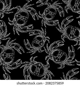 Crabs, lobster, seafood, chalk hand darwn vector seamless pattern isolated on dark background. Concept for menu, print, cards