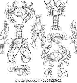 Crabs, lobsters, crayfish and shrimp. Seamless vector pattern  on white. Black and white. Perfect for wallpaper, wrapping, fabric and textile, menu decoration, invitation, card.