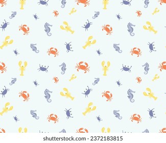 CRABS LOBSTERS SEAHORSE MARINE LIFE UNDERWATER ANIMALS NAUTICAL SEAMLESS PATTERN VECTOR ILLUSTRATION