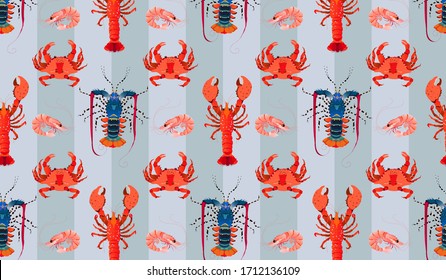 Crabs and lobsters seamless pattern. Vertical stripe background, rainbow lobster, red lobster and crab design. Hand-drawn trendy vector illustration for web banner, wallpaper design.