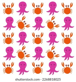 Crabs with Octopuses illustrated Background, Pattern, Texture Vector