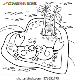 Crabs on the beach in a beautiful heart shaped island. Cute sea animals at the beach on summer vacations. Vector black and white coloring page.