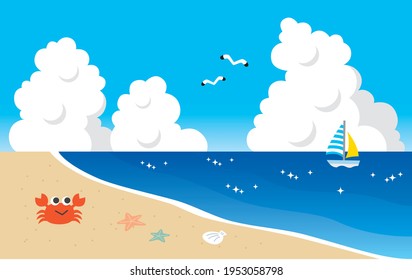 Crabs on the sandy beach, summer cumulonimbus clouds and seagulls, yachts. The sea seen from an angle