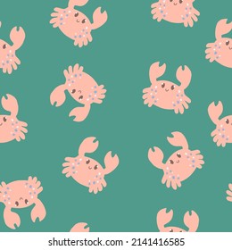 Crabs pattern. Cartoon pattern with crabs. Pink cartoon crab for kids illustration.

