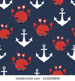 Crabs, sea anchors, hand drawn seamless pattern. Marine background vector. Colorful illustration, overlapping backdrop. Decorative cute wallpaper, good for printing