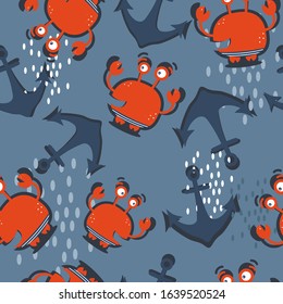 Crabs, sea anchors, hand drawn seamless pattern. Marine background vector. Colorful illustration, overlapping backdrop. Decorative cute wallpaper, good for printing