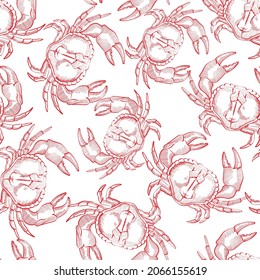 Crabs, sea food , chalk retro vector seamless pattern isolated on bright background. Concept for print, cards, menu