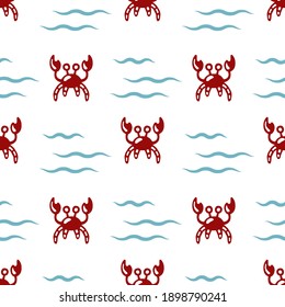 Cangrejos en el mar. Patrón sin foco con cangrejos y olas. Ilustración vectorial.