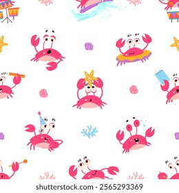 Crabs seamless pattern. Cute crab surfing, play music, writing notes. Funny sea life animal for fabric print, wrapping or wallpaper, nowaday vector background