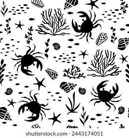 Crabs seamless pattern with seaweed fish and shells. Monochrome pattern
