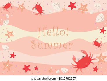 Crabs seashells and starfish on sand beach frame vector design.