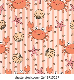 crabs seashells summer Seamless Pattern. striped background Perfect for Prints, Wrapping Paper, Wallpaper, Textiles, Stationery, and Fabric