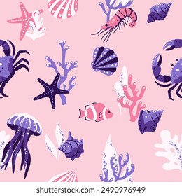 Crabs, shrimps, shells, fish, jellyfish and corals. Seamless pattern in nautical style.