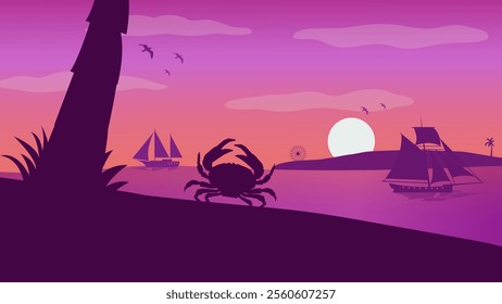 Crabs Walking on The Sand in The Harbor in The Morning - Beautiful 2D Landscape Silhouette Wallpaper