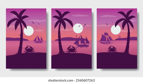 Crabs Walking on The Sand in The Harbor in The Morning - Silhouette Design Set, Beautiful 2D Landscape Silhouette Wallpaper Set