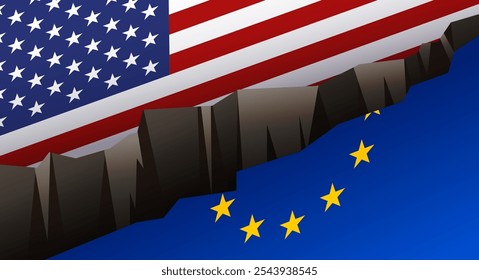 crack between Europe Union, USA flags banner, template, background, web. Conceito de tensões nas relações parcerias entre a América Europa, comércio, parceria estratégica, sanções, deveres.