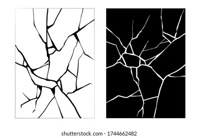 Crack black and white vector texture. Broken ground, wall, glass pattern effect. Damage glass background. Earthquake isolated concrete. Break fissure crash land. Grunge surface. Kintsugi cracks.