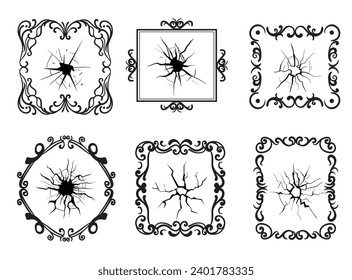 Crack broken glass crash cracked mirror isolated set. Vector graphic design illustration