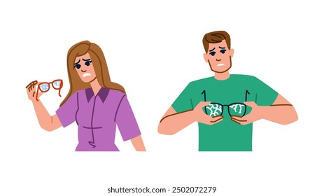 crack broken glasses vector. eyewear eye, shattered broke, sun bullet crack broken glasses character. people flat cartoon illustration