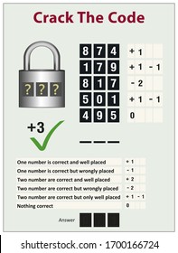 Crack the code. Fun math and brain game. Number puzzle game (with the answer) vector illustration. 