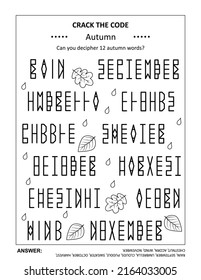 Crack the code word game, or codebreaker word puzzle, with various autumn related words and mirrored letters cipher. Answer included.
